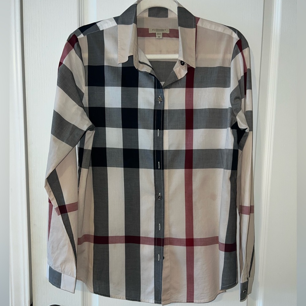 Excellent Burberry Women's Check Button-Down Shirt in White, Gray & Burgundy - Picture 3 of 9
